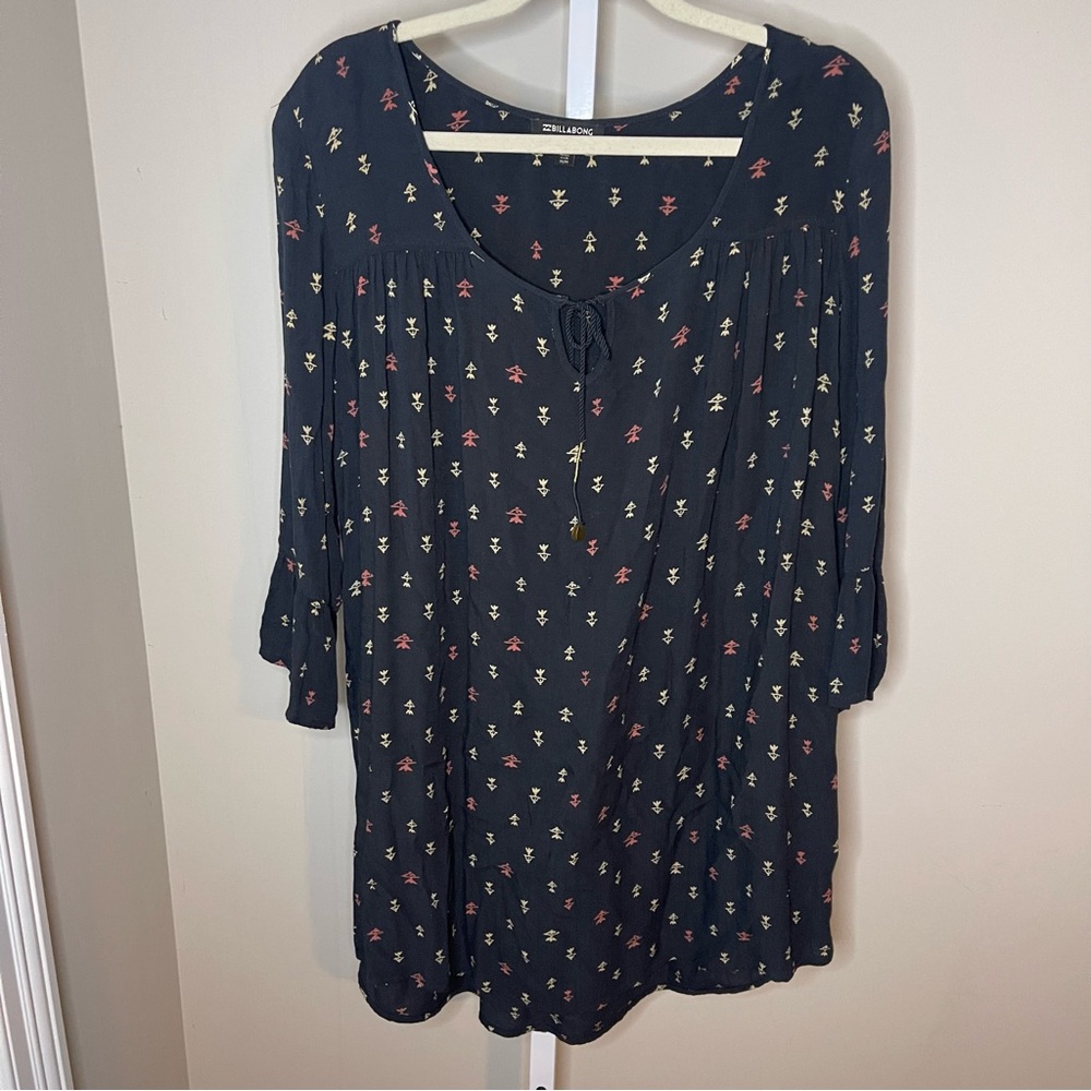 Billabong Navy Boho Dress Women Medium Tribal Print Tunic Peasant Style